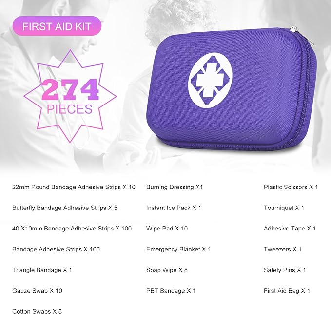 274PCS Compact First Aid Kits for Home Businesses Urgent First Aid Essential Travel Size Car Emergency Supplies Kit for Hiking Boating Skating, Purple Monoki