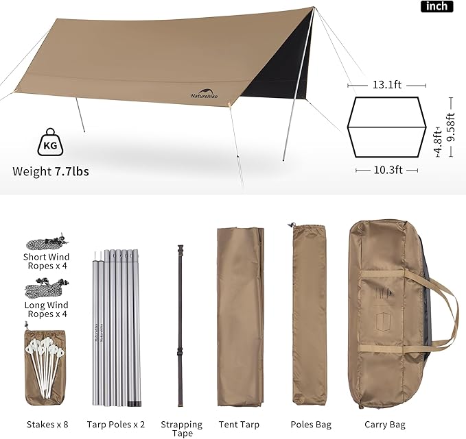 Naturehike Camping Tent Tarp with Poles, Waterproof PU 18000mm+, Anti-UV UPF2000+ Sun Shelter Rain Fly, Canopy for Outdoor Party, Picnic (13 x 9.6ft), CNK2350WS015