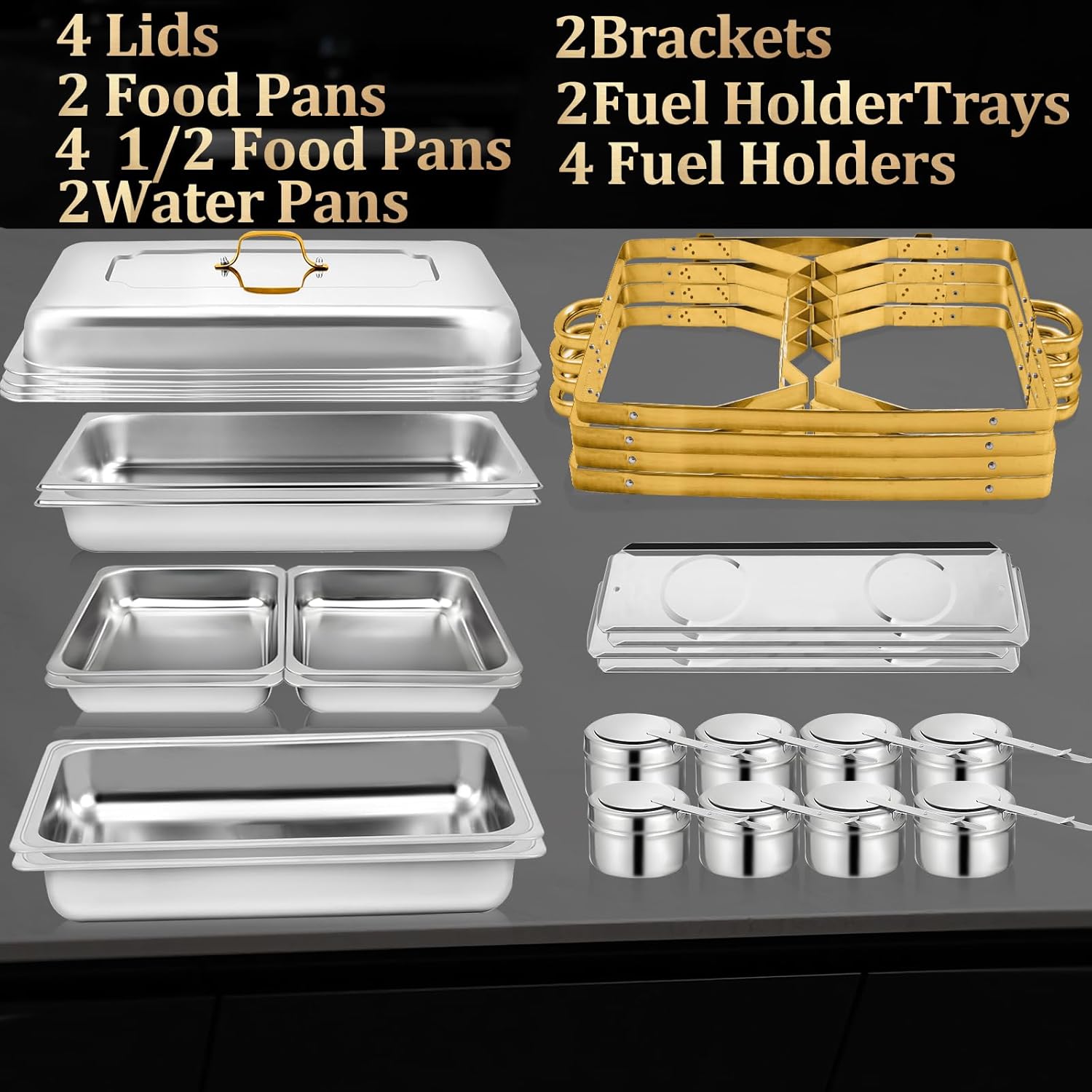 8QT 4 Pack Chafing Dishes for Buffet, Multiple Food Pans Combo Gold Chafing dish, High Grade Food Warmers for Parties, Events, Weddings, Indoors & Outdoors