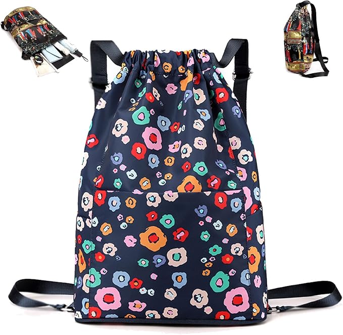 Drawstring Foldable Large Capacity Dry-wet Separation Travel Sports Backpack Waterproof Gym Bag with Multiple Pockets (Dark Blue)