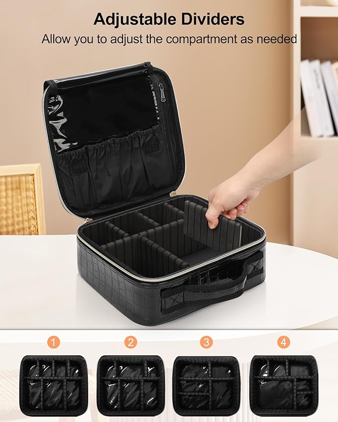 Relavel Travel Makeup Case, Train Case Makeup Brush Organizer, Professional Makeup Artist Makeup Bag, with Adjustable Partition and Shoulder Straps (Crocodile, Small)