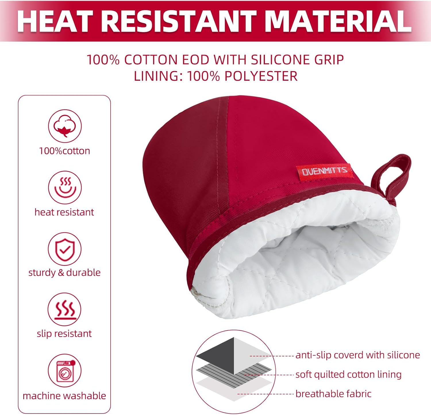 Mini Oven Mitts, Kitchen Oven Gloves Kitchen Mittens 500 Degrees Heat Resistant Baking Gloves, Non-Slip Silicone Surface with Hanging Loops Hot Gloves for Cooking, Baking, BBQ 1 Pair-Red