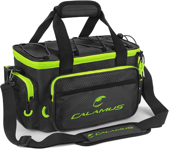 Calamus Fishing Tackle Bags - Saltwater or Freshwater Fishing Bags - Rip-Stop PE - Padded Shoulder Strap - Pliers Storage - Green