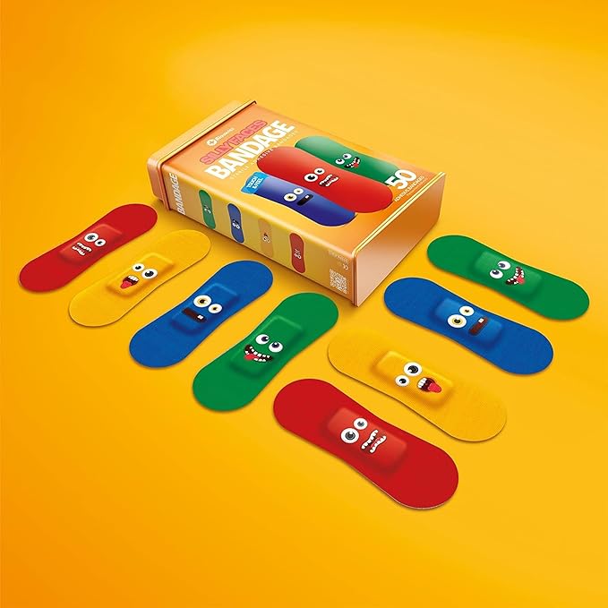 BioSwiss Bandages, Silly Faces Shaped Self Adhesive Bandage, Latex Free Sterile Wound Care, Fun First Aid Kit Supplies for Kids, 50 Count