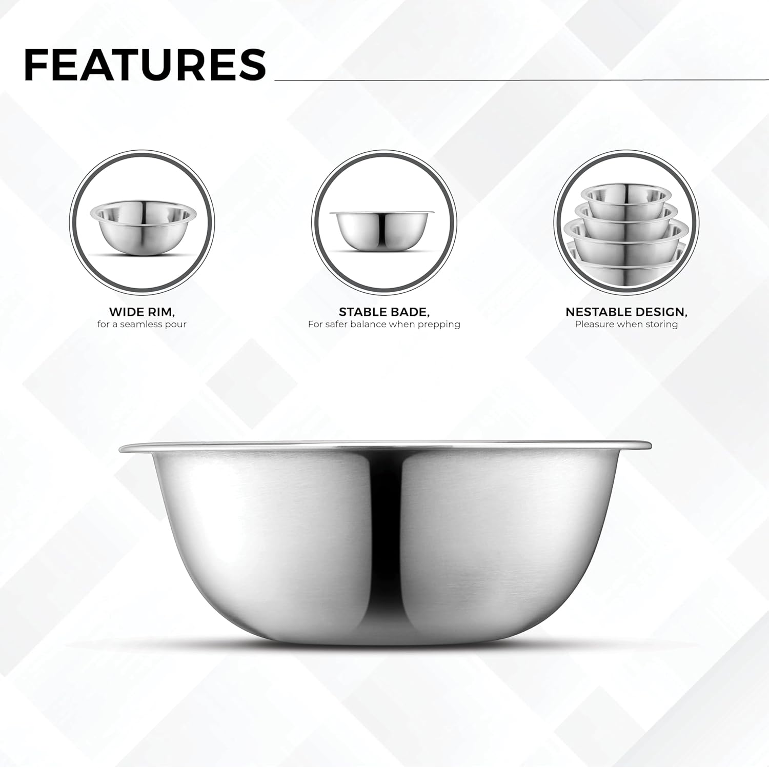 AVADOR Set of 6 Premium Stainless Steel Mixing Bowls Set, Easy To Clean, Space Saving Nestable Design, Great for Cooking, Baking, Prepping (0.75qt, 1.5qt, 3qt, 4qt, 5qt, 8qt)