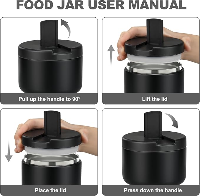 12oz Kids Soup Thermo for Hot Food Insulated Vacuum Food Jar with Buckle Lid, Stainless Steel Wide Mouth Leak Proof Lunch Container for School Travel-Black