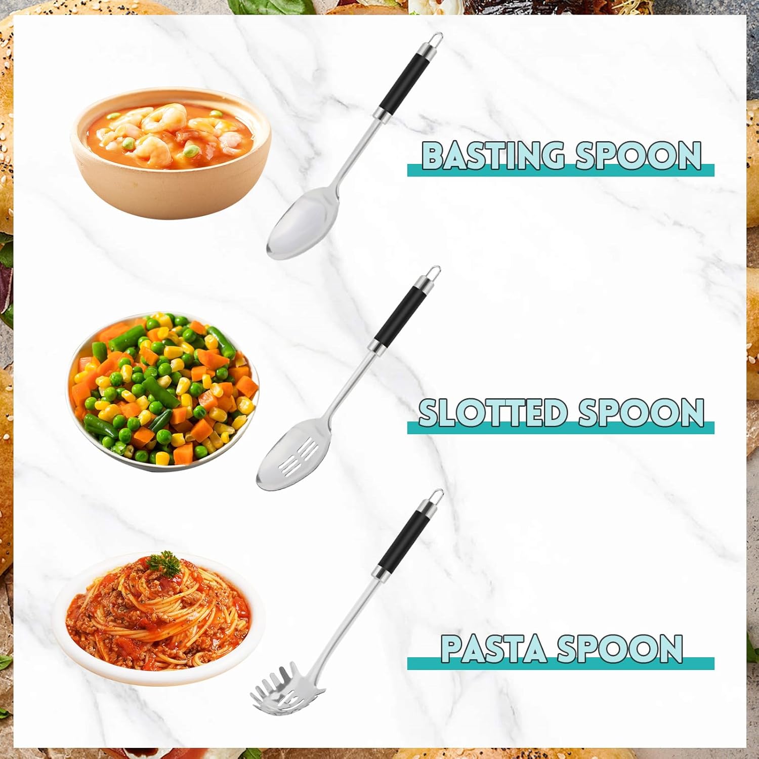 3-Piece,Stainless Steel Serving spoons set with Slotted Spoon, Serving Spoon and Spaghetti Spoon, kitchen cooking serving utensils set cooking spoon.