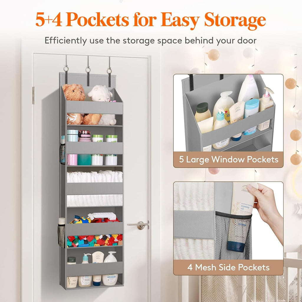 Lifewit 1 Pack Over the Door Organizer, 5 Shelf Clear Window Hanging Storage with 4 Mesh Side Pockets, Anti Tilt 40lbs Load Behind Door for Pantry, Nursery, Bathroom, Bedroom, Kitchen, Dorm,Light Grey