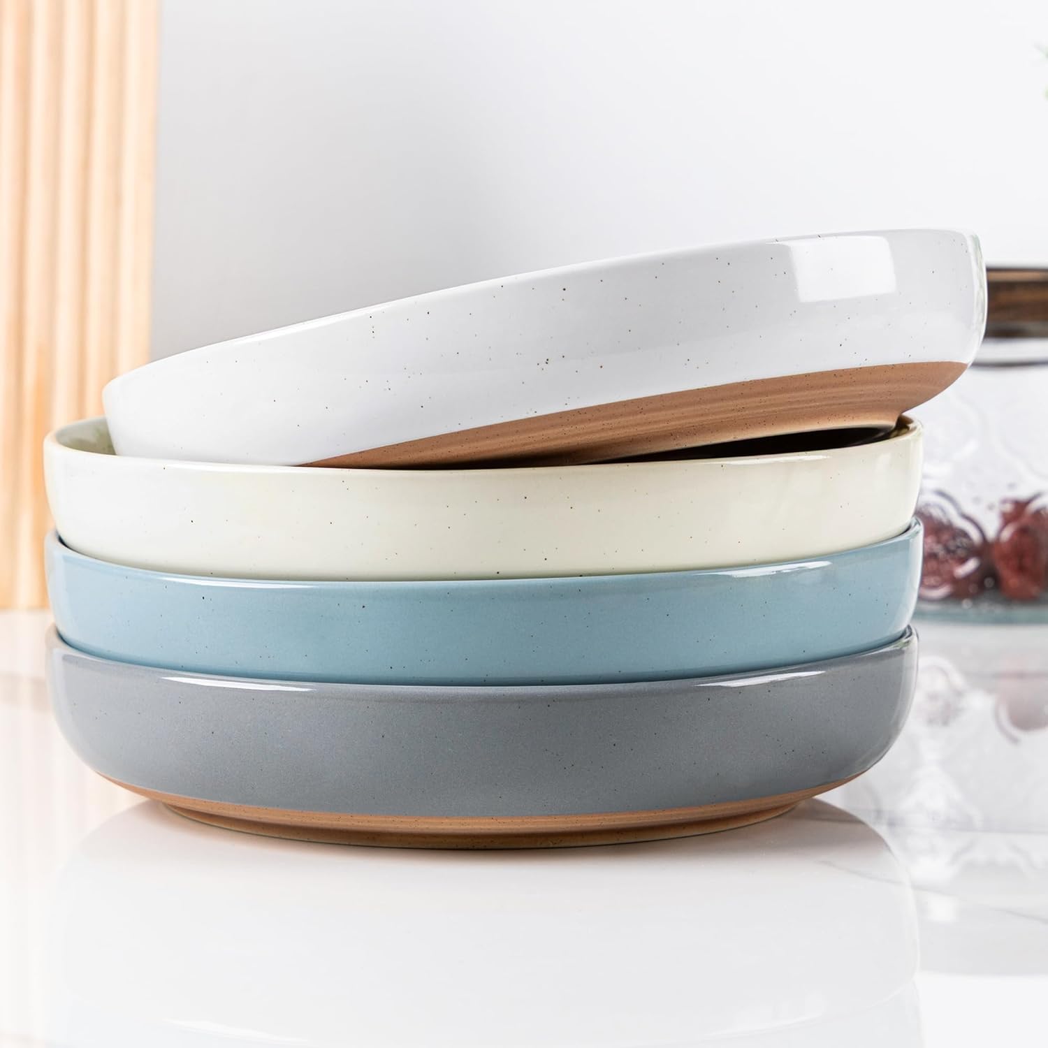 AmorArc 8.75'' Large Ceramic Pasta Bowls, 36oz Handpainted Stoneware Bowls Set of 4, Microwave&Dishwasher Safe Bowls with Rustic Terracotta Underside for Pasta Salad, Multi-Color