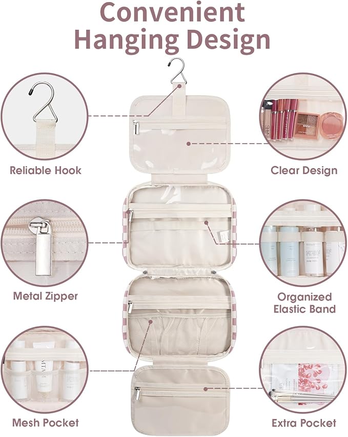 Narwey Hanging Toiletry Bag for Women Travel Makeup Bag Organizer Toiletries Bag for Travel Size Essentials Accessories Cosmetics (Dusty Rose Checkerboard (Medium))