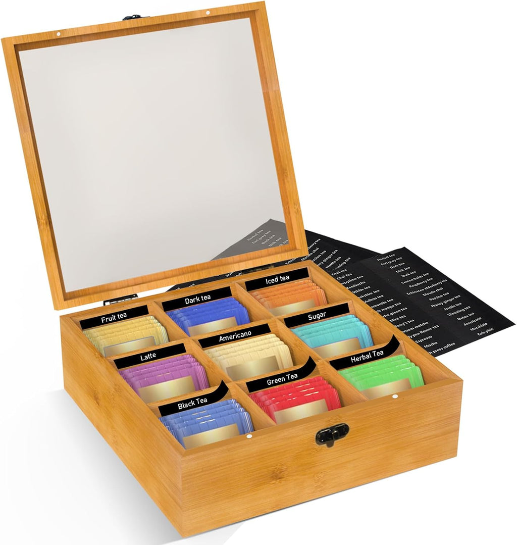 Wood Tea Bag Organizer Tea Storage Box with Clear Acrylic Top Window & 9 Compartments Tea Bag Holder for Home Office Gift (Brown)