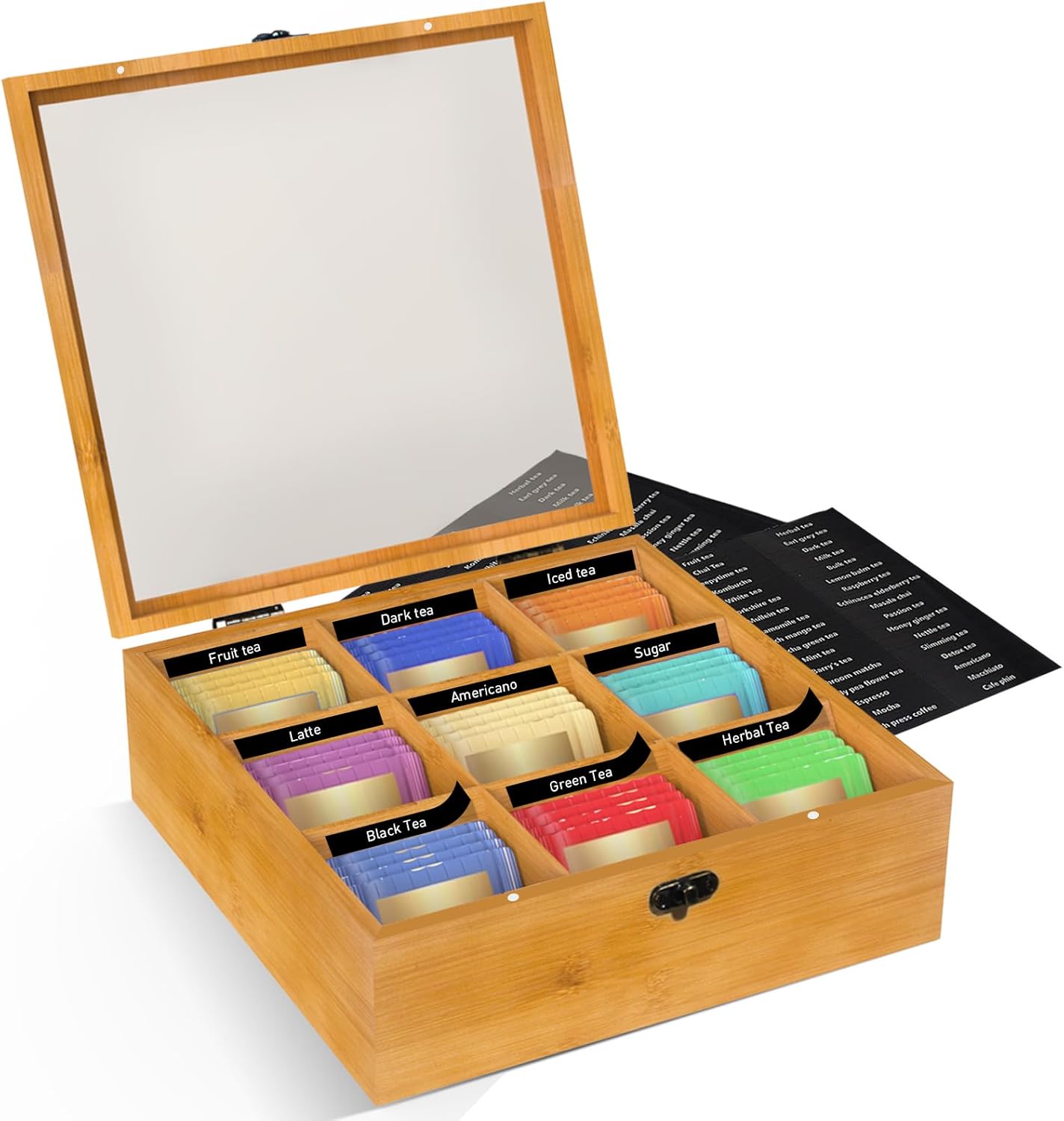 Wood Tea Bag Organizer Tea Storage Box with Clear Acrylic Top Window & 9 Compartments Tea Bag Holder for Home Office Gift (Brown)