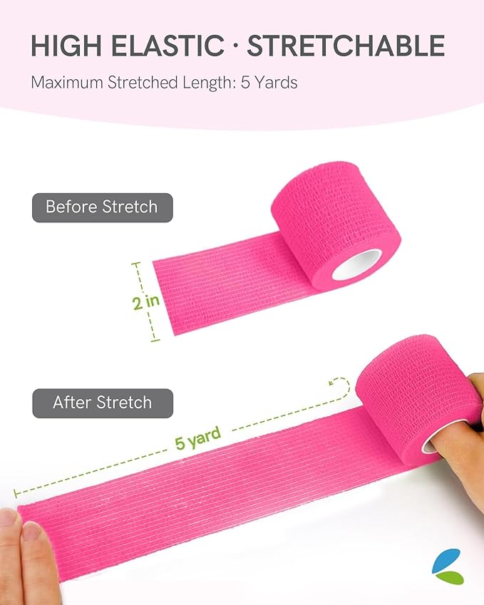 FriCARE Self Adhesive Bandage Wrap, Medical Tape in First Aid Kit, Cohesive Bandages for Wounds Sport Vet, FSA/HSA Eligible, 2 Inches X 5 Yards 6 Rolls, Pink