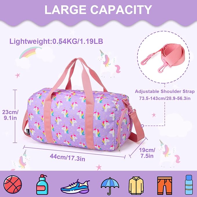 Dance Bag Girls, RAVUO Kids Duffle Bag Unicorn Overnight Travel Gym Bag with Shoe Compartments Sports Ballet Bag Teens Weekender Sleepover Carry On Bag
