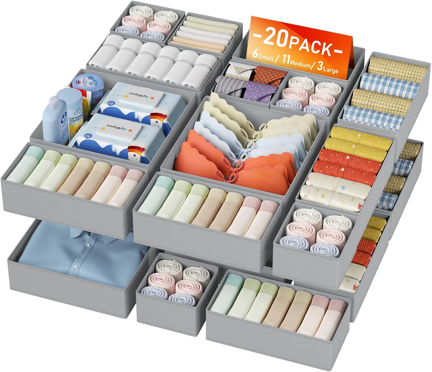 DIMJ Drawer Organizer Clothes - 20 Pack Closet Drawer Organizer Bins for Baby Clothes Storage, Fabric Dresser Organizer for Nursery Bedroom, Foldable Small Drawer Dividers for Underwear Socks