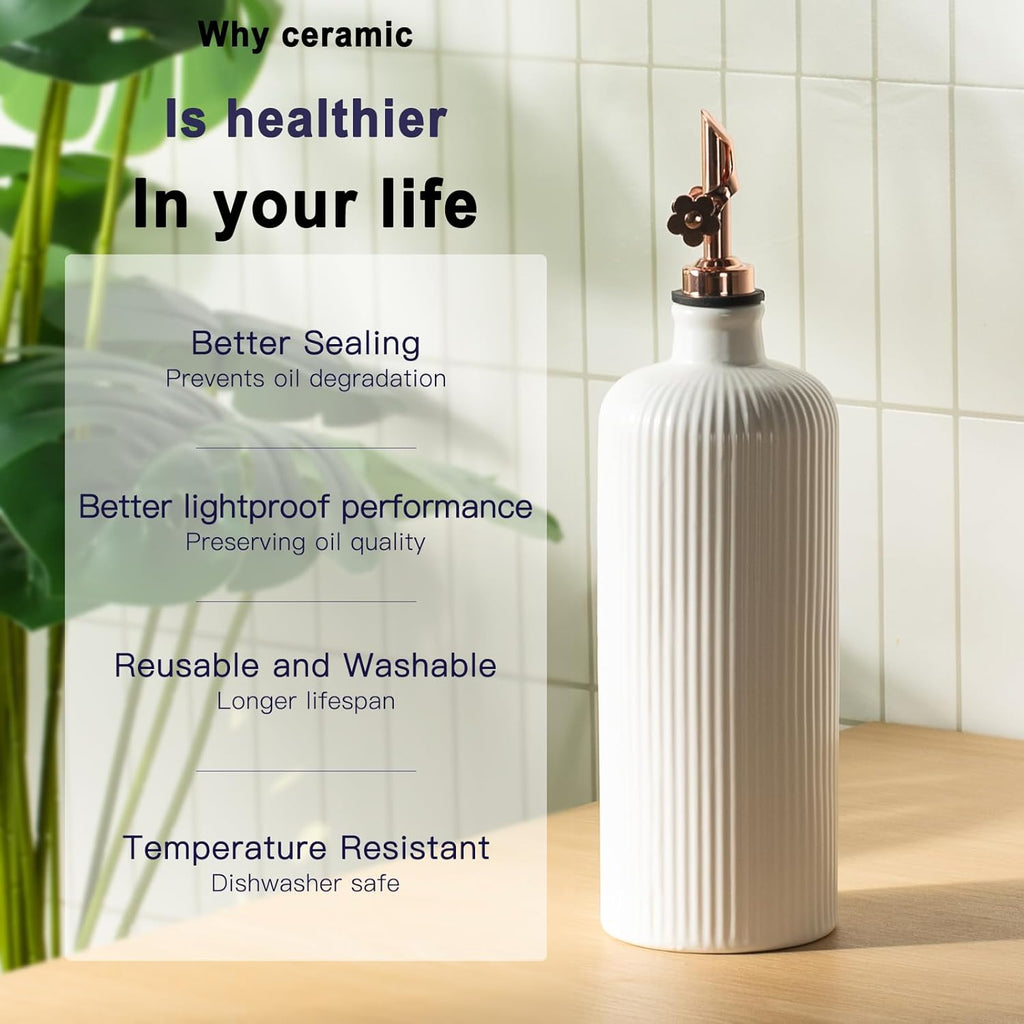 Dizada Olive Oil Dispenser Bottle for Kitchen, (22 Oz+14 Oz) Ceramic Olive Oil and Vinegar Bottles Dispenser with Stainless Steel Spout, Set of 2