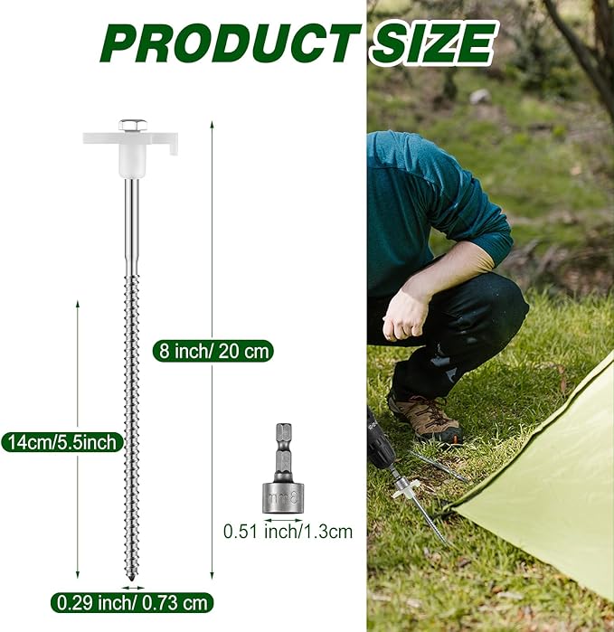 Tandefio 40 Pcs 8 Inch Screw in Tent Stakes Heavy Duty Drill in Ground Anchor Pegs Metal Stakes Screws Hex Pegs Drillable Camping Threaded Tent Spike with Hex Head Driver (Illuminant White)