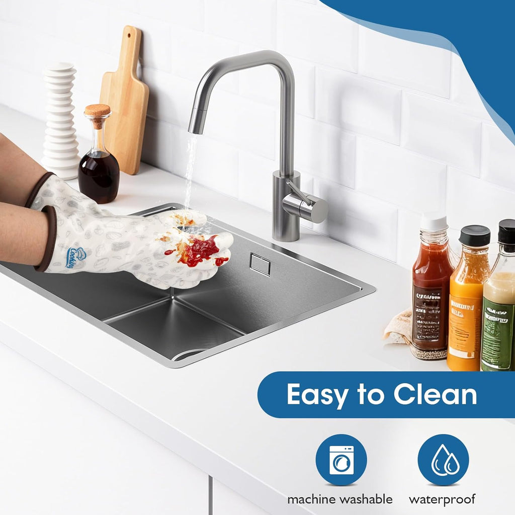 Oven Gloves with Fingers Heat Resistant Waterproof Long Sleeve for Cooking Grilling Baking Barbecue in Kitchen for Men & Women White Medium