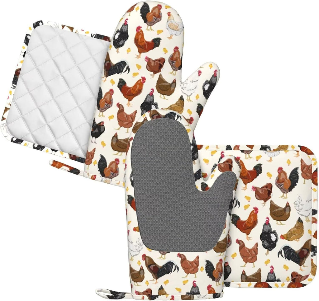 Rooster Hen Oven Mitts and Pot Holders Sets Silicone Rustic Domestic Animal Chicken Kitchen Mitts Potholders Heat Resistant 4Pcs Oven Gloves Hot Pads for Kitchen Baking Cooking BBQ Grilling