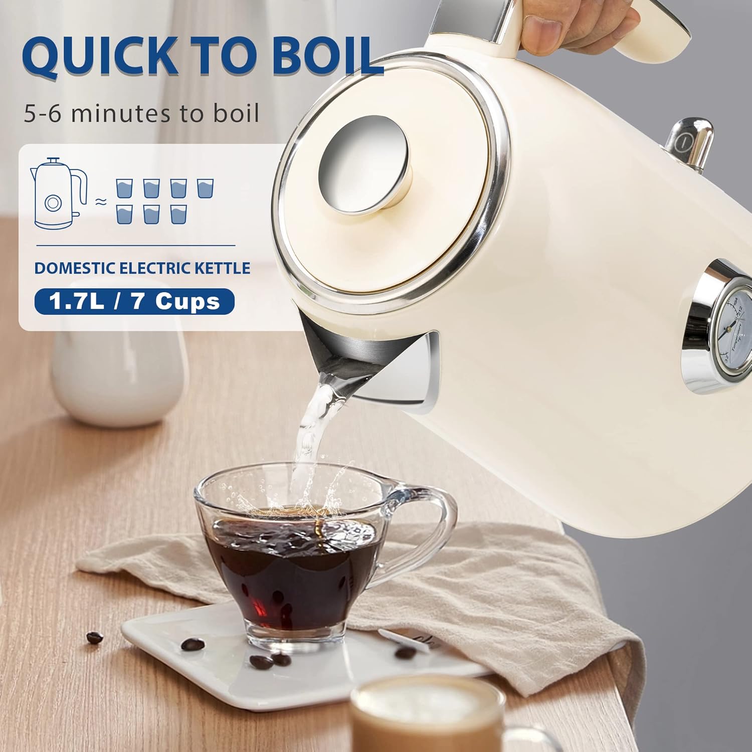 PUKOMC Electric Kettle, 1.7L Stainless Steel Tea Kettle with Temperature Gauge, 1500W Water Boiler with LED Light, BPA-Free, Auto Shut-Off and Boil-Dry Protection (Beige) Visit the Pukomc Store