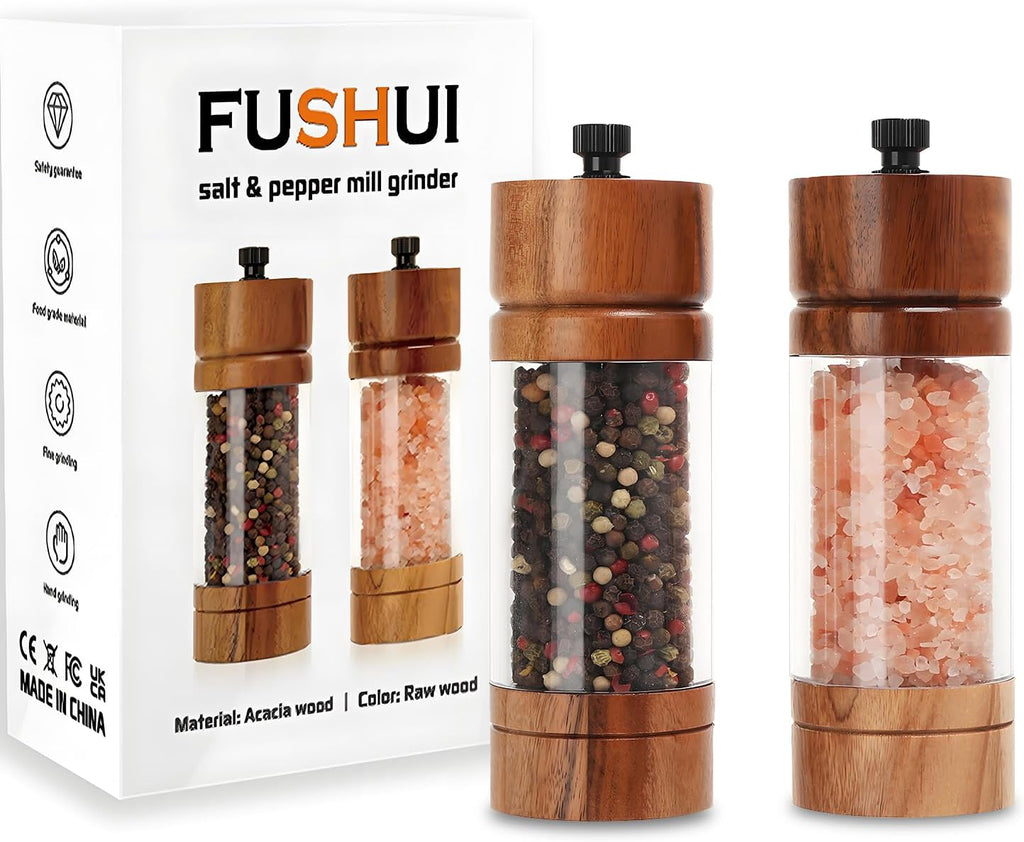 2 Pack 5.5 Inch Wood Salt and Pepper Grinder Set, Premium Acrylic Salt and Pepper Grinder Set with a Adjustable Ceramic Rotor - Made of High-Grade Acacia Wood Material