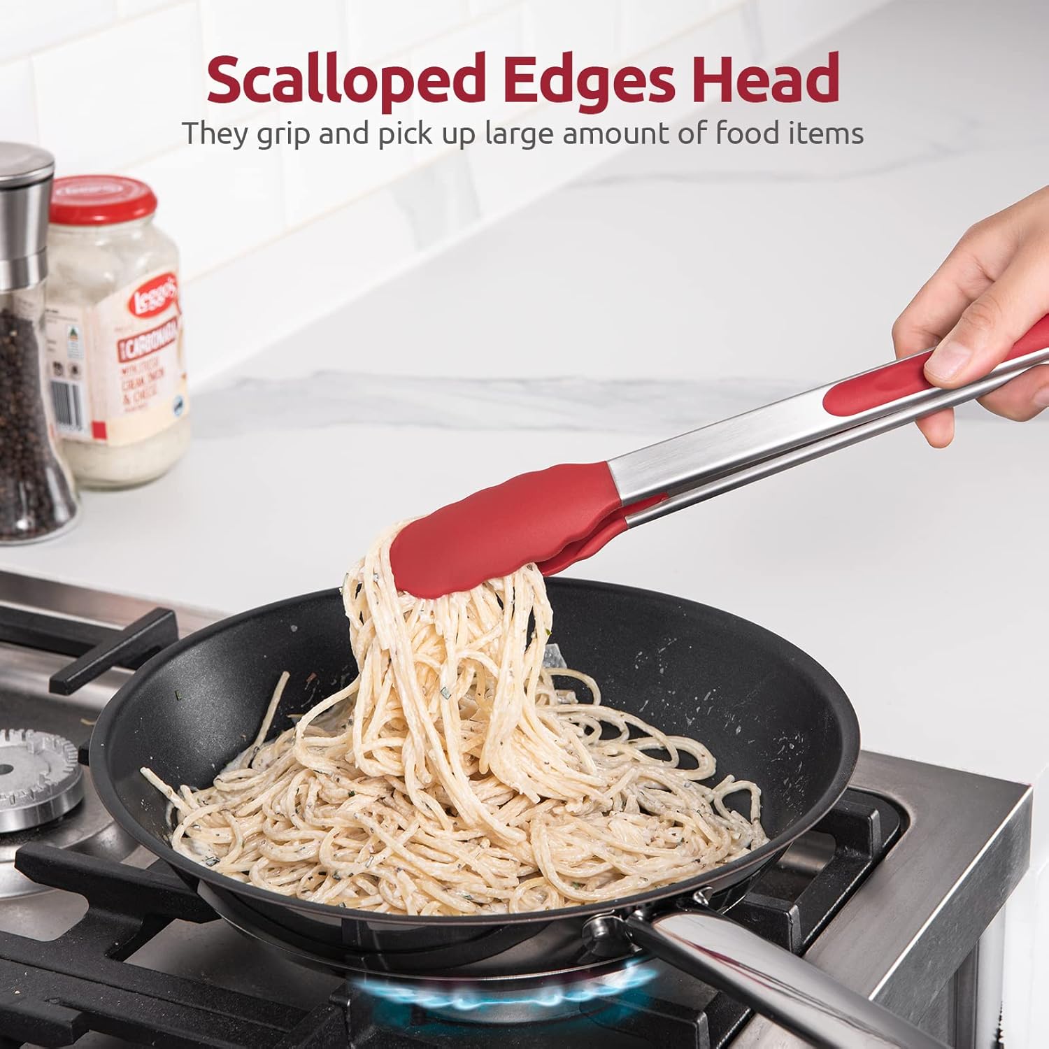 Heat Resistant Silicone Kitchen Tong: U-Taste 12 inch Large 480ºF Hot Proof Cooking Tong with Sturdy Non Stick Rubber Tips & Silicon Coated Steel Handle & Smooth Locking for Serving Grill Salad (Red)