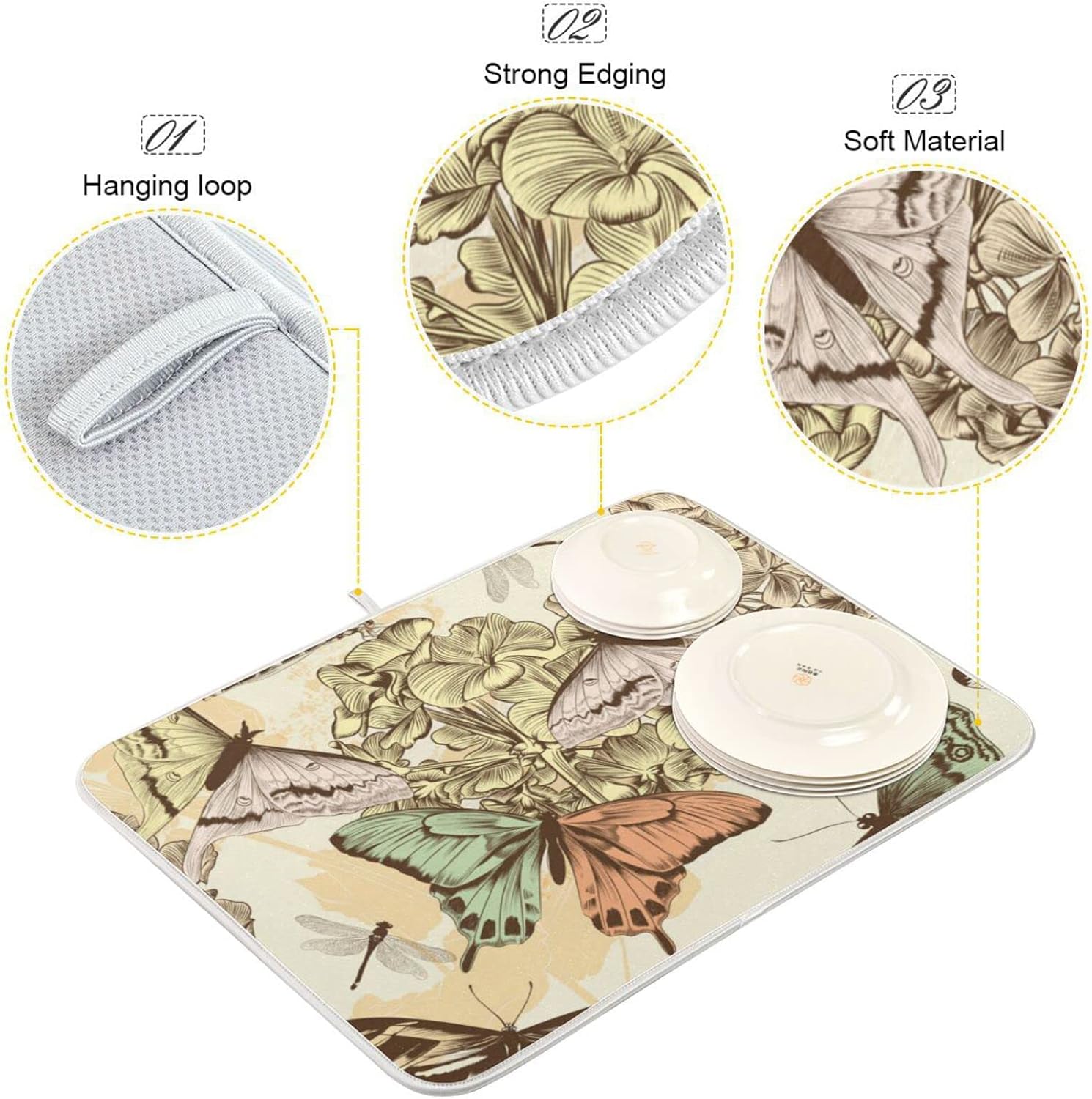 senya Super Absorbent Dish Drying Mat, Microfiber Fast-Drying 24'' x 18'', Kitchen Pad, Retro Butterfly