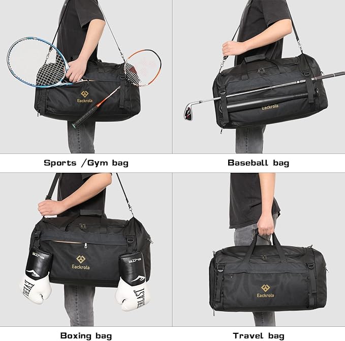 Eackrola Large Sports Gym Bag, Travel Duffel bag with Wet Pocket & Shoes Compartment for men women, 65L, Lightweight（Black）