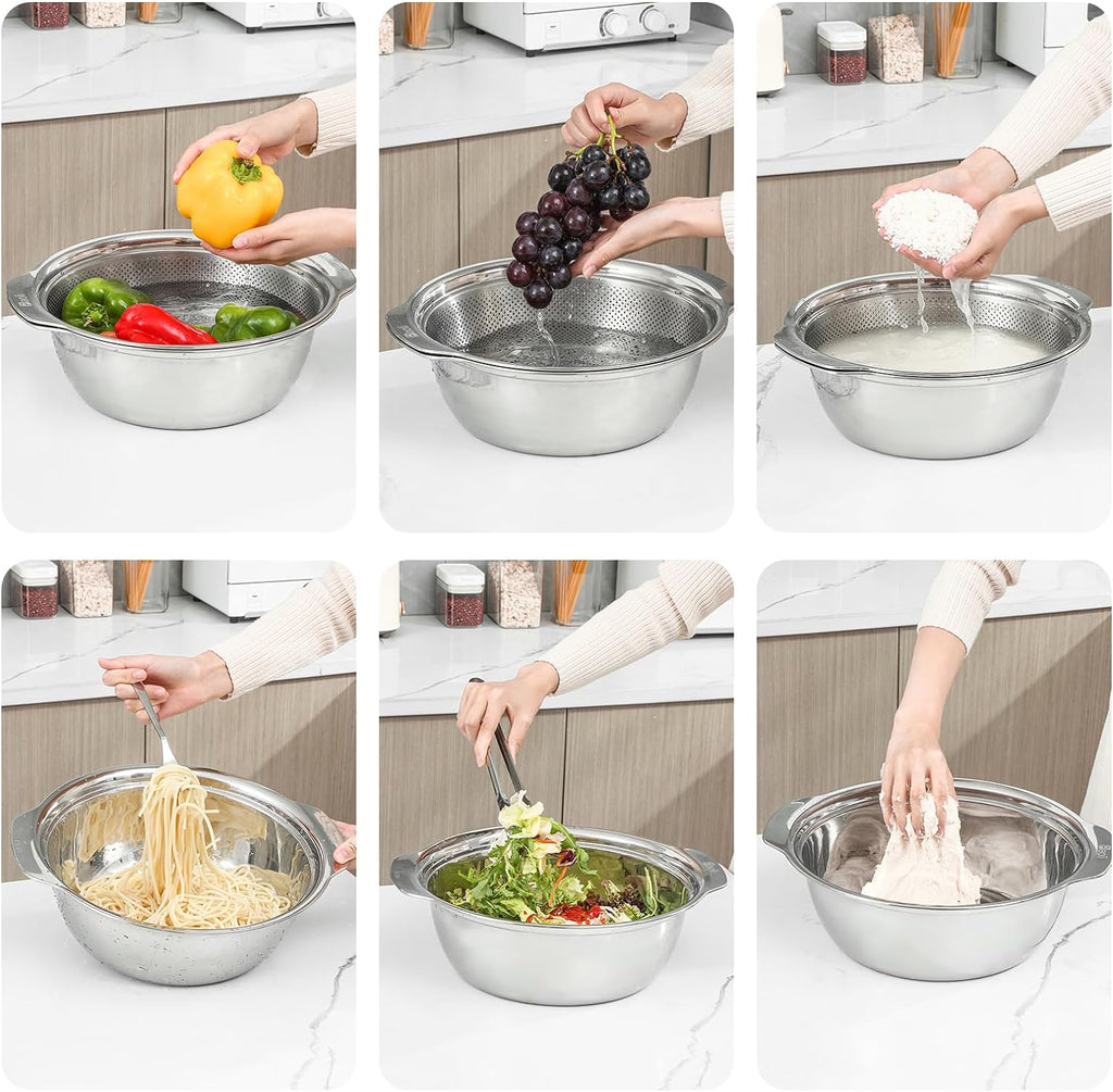 304 Stainless Steel Microporous Colander with Handle, Rice Washers Microporous Strainer Set For washing vegetables, fruits and rice, and draining cooked pasta.