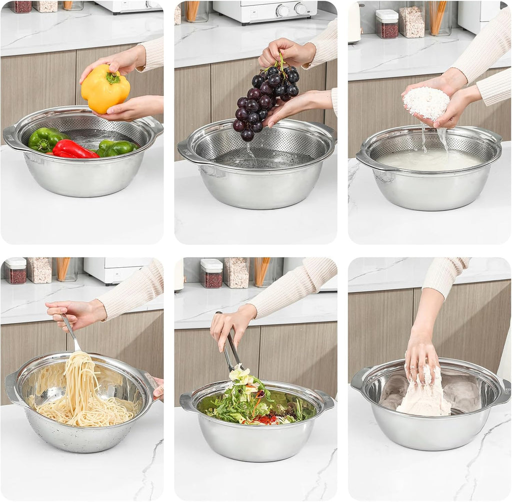 304 Stainless Steel Microporous Colander with Handle, Rice Washers Microporous Strainer Set For washing vegetables, fruits and rice, and draining cooked pasta.