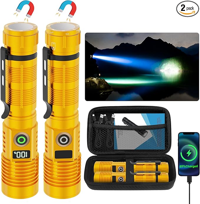 Rechargeable Flashlight High Lumens-12000LM Super Bright Magnetic Flash Light with Power Digital Display,3280Ft Long Range,Dimmable,Waterproof,Pocket LED Flashlights for Emergency Camping 2PC Gold