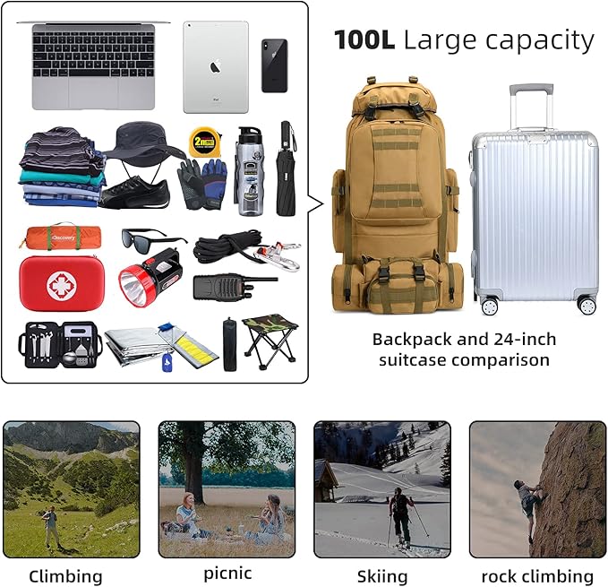 100L Camping Hiking Backpack,Molle military Tactical rucksack backpack,Waterproof Lightweight Hiking Backpack (Khaki-C)