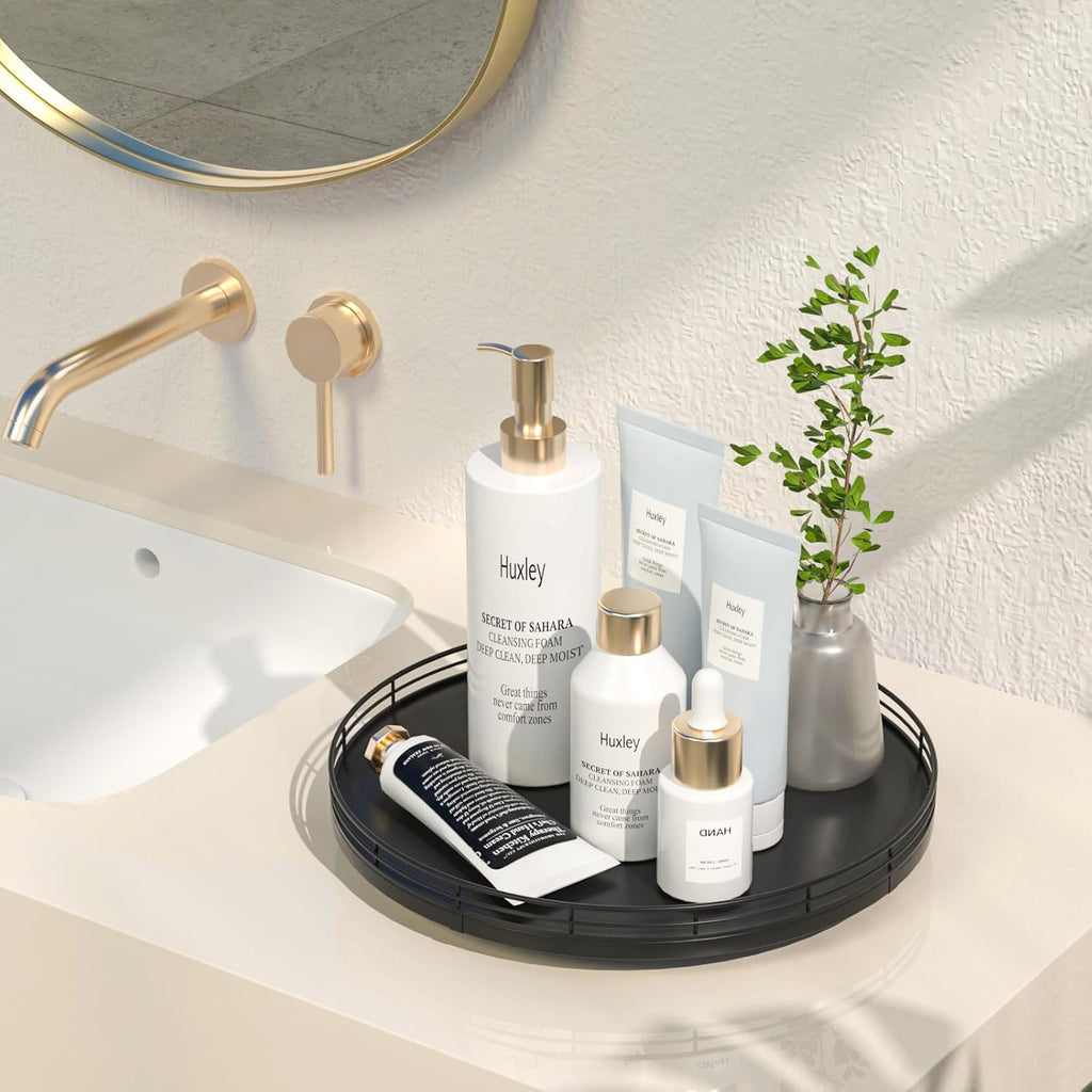 12" Oak Wood Bathroom Tray for Counter, Vanity Tray for Perfume Lotion Candle Makeup Jewelry Sink Soap Holder Turntable Dresser Organizer Countertop Coffee Table Decor Organization and Storage Black