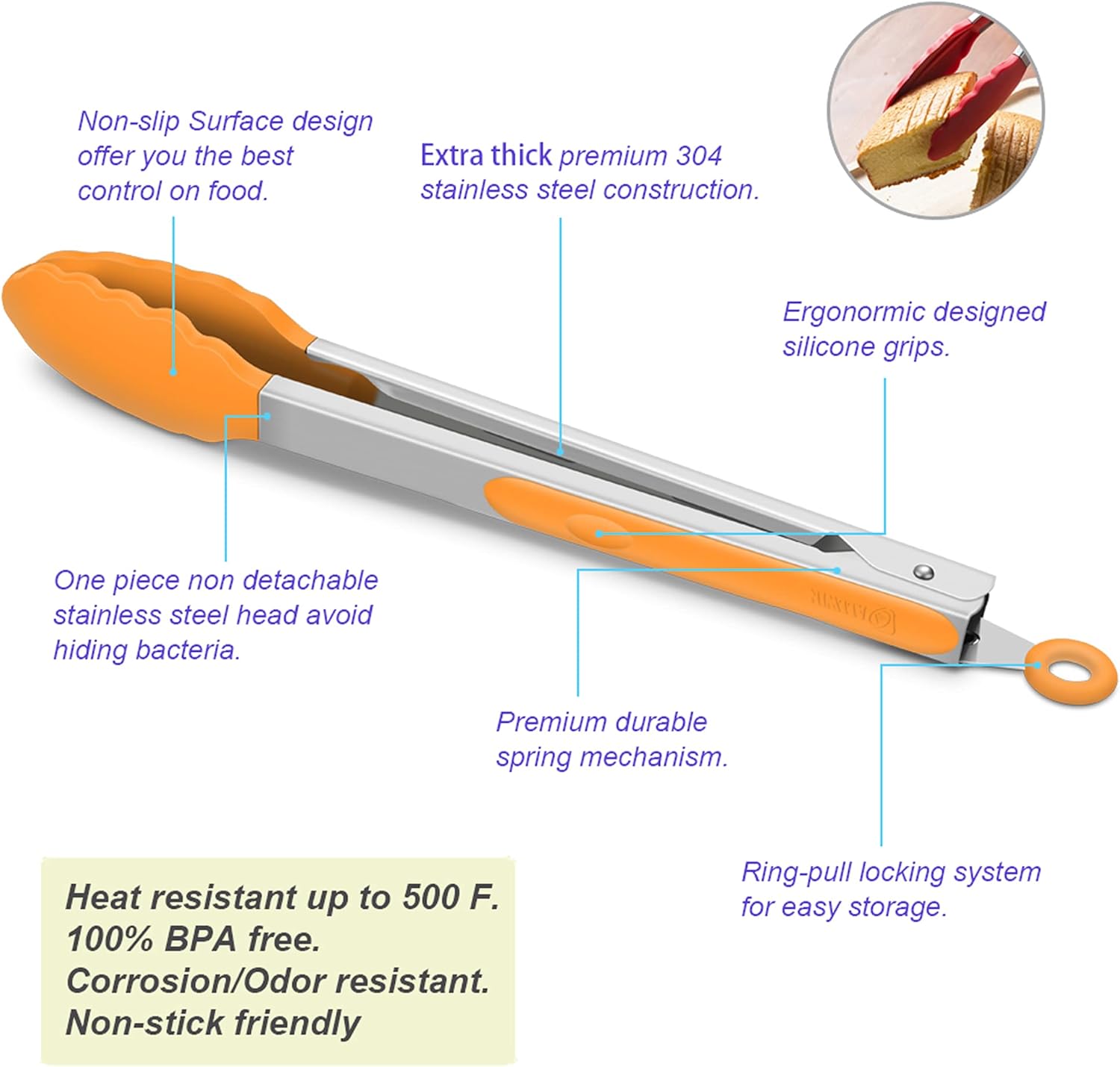 4 Pack Orange Kitchen Tongs, Premium Silicone BPA Free Non-Stick Stainless Steel BBQ Cooking Grilling Locking Food Tongs, 9-Inch & 12-Inch