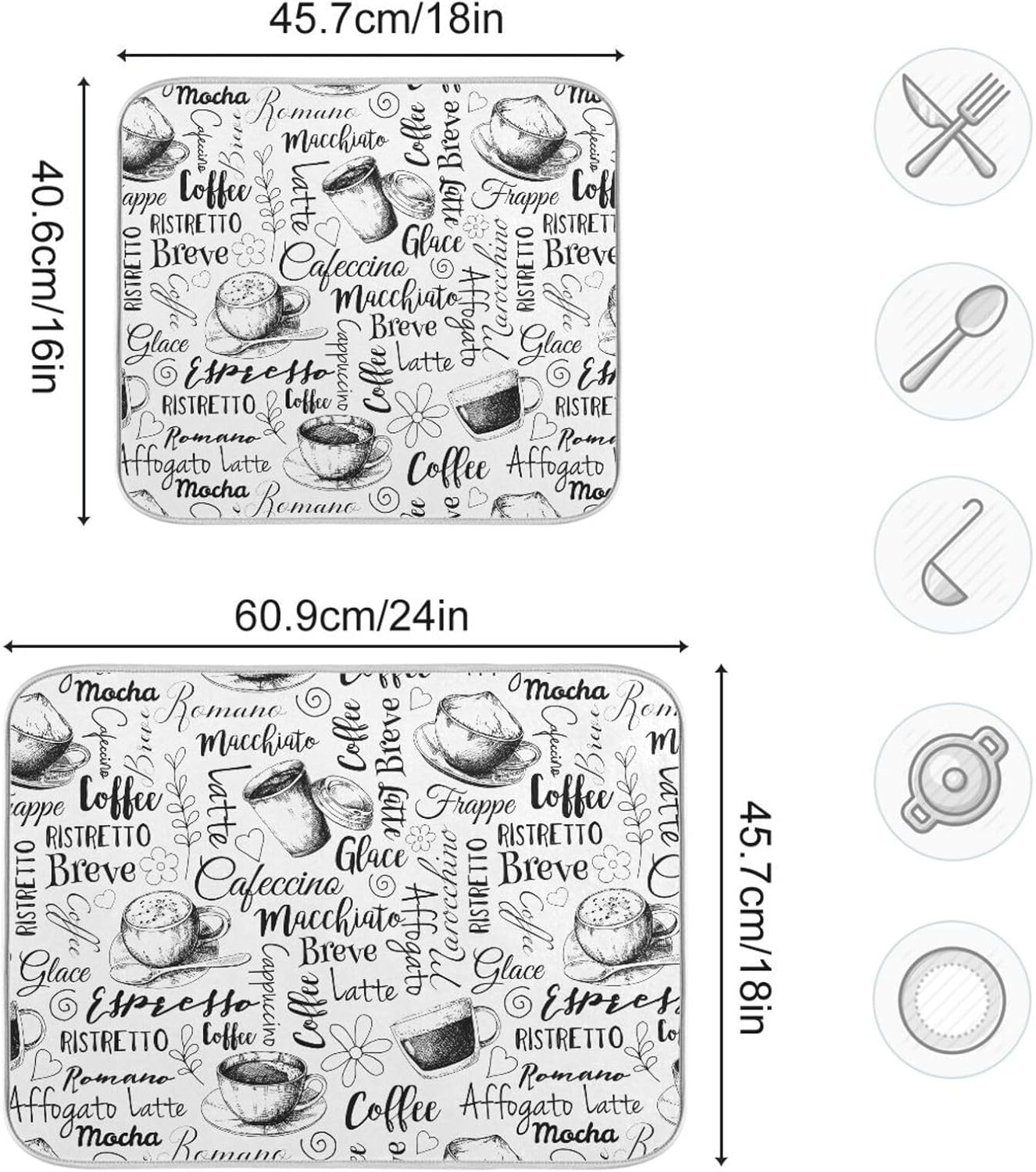 Coffee Cups Print Dish Drying Mat for Kitchen Counter Absorbent Microfiber Drying Pad, Medium 16x18 in, Reversible Drainer Mats