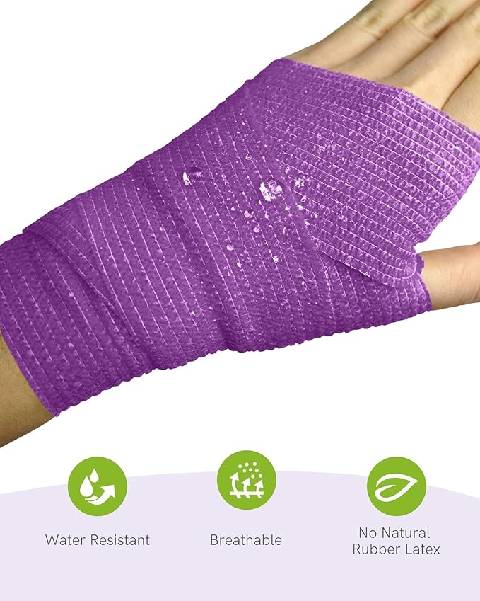 FriCARE Self Adhesive Bandage Wrap, Medical Tape in First Aid Kit, Cohesive Bandages for Wounds Sport Vet, FSA/HSA Eligible, 2 Inches X 5 Yards 6 Rolls, Purple