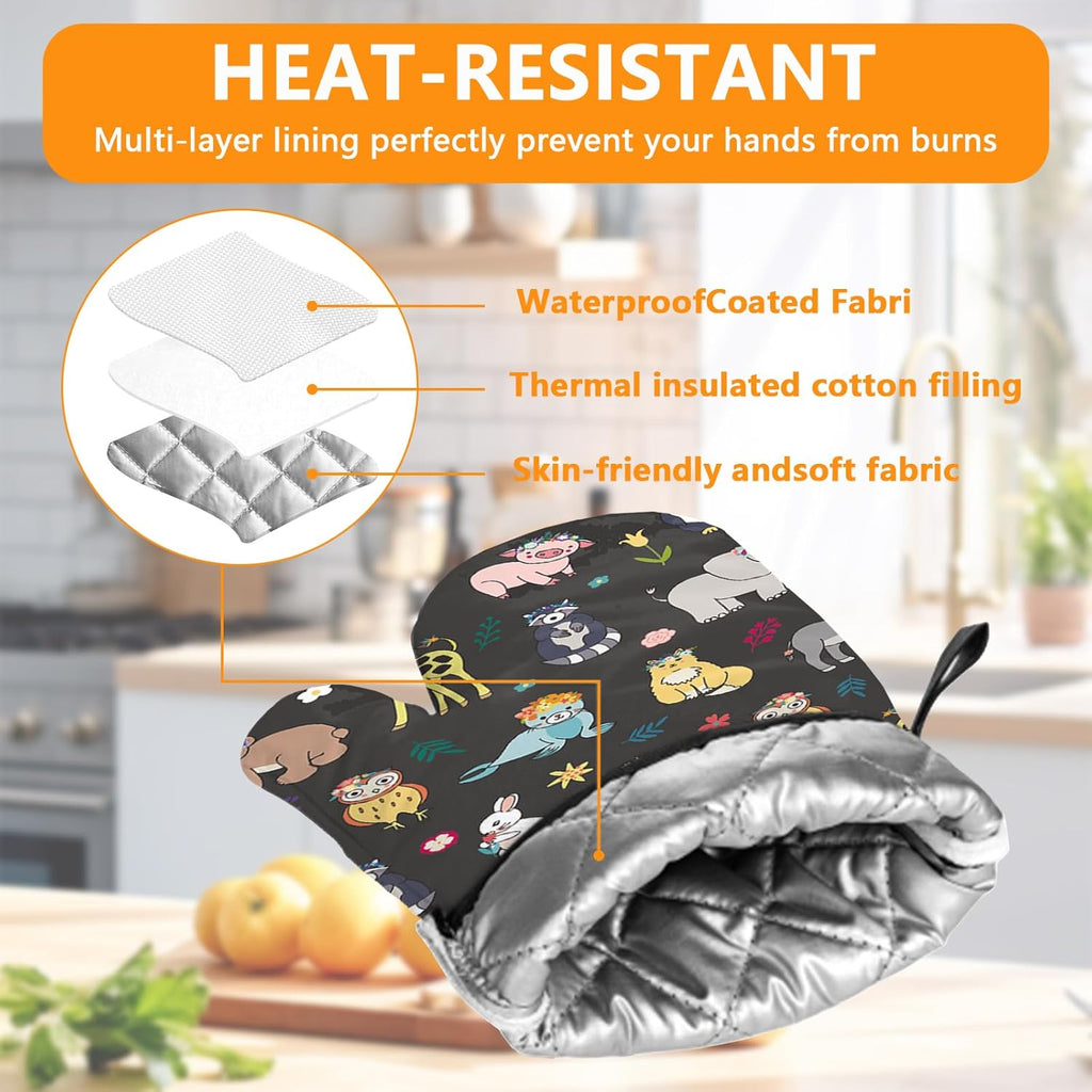 Cute Animals Oven Mitts and Pot Holders Sets 4Pcs,Extra Long Oven Gloves Potholder for Kitchen Cooking Baking BBQ 100% Cotton Heat Resistant