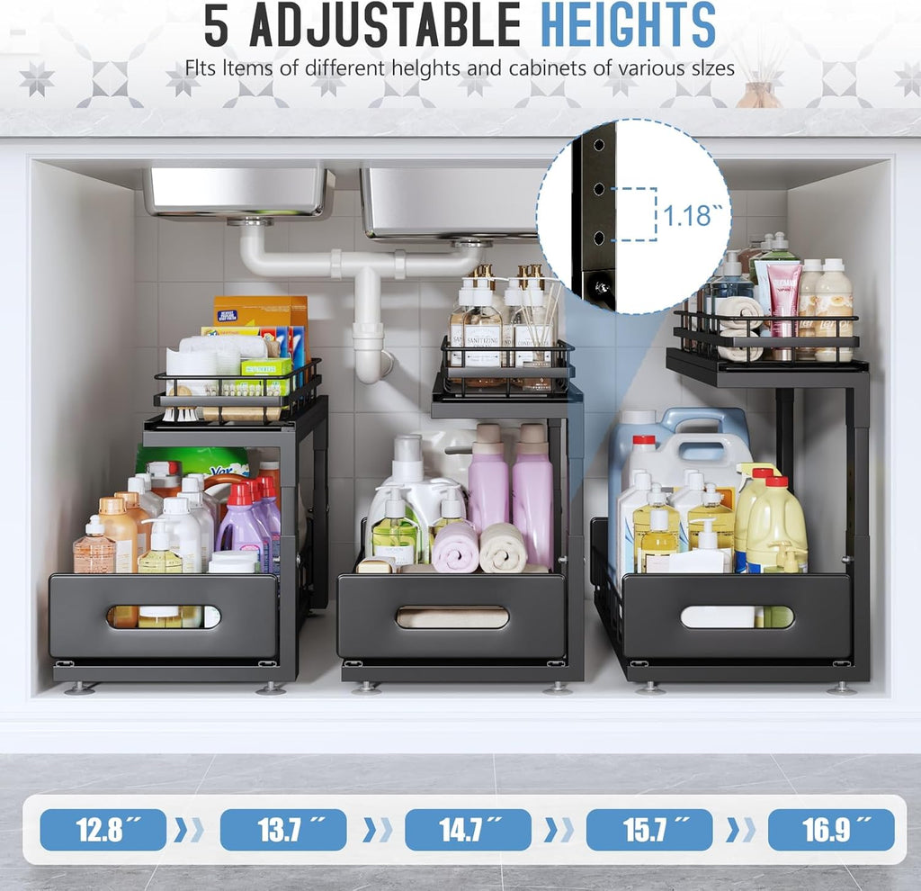 2 Pack 18 IN Depth Under Sink Organizer with Smooth Ball Bearing Slides,2-Tier Pull Out Cabinet Storage,Slide Out Drawers for Bathroom&Kitchen,Rust-resistant Coating,Height Adjustable-Black