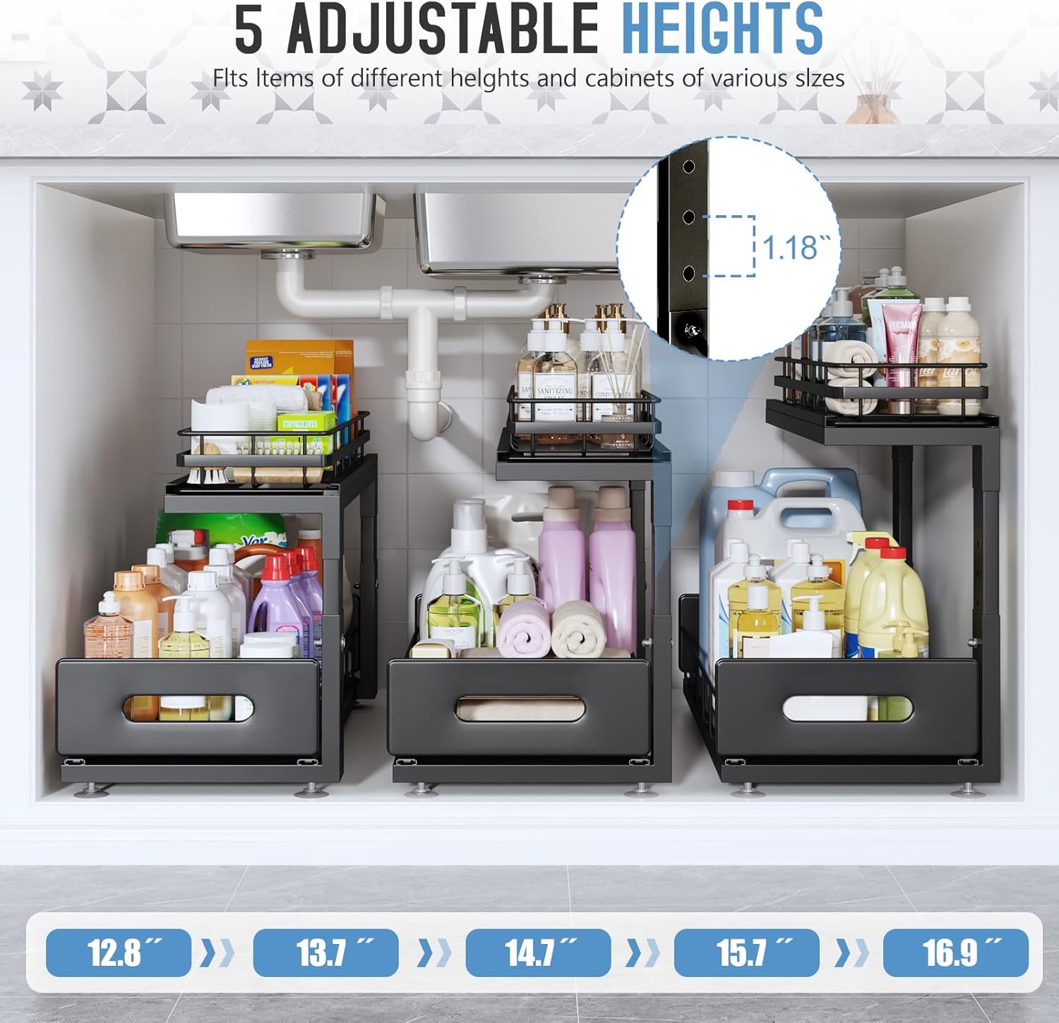 2 Pack 18 IN Depth Under Sink Organizer with Smooth Ball Bearing Slides,2-Tier Pull Out Cabinet Storage,Slide Out Drawers for Bathroom&Kitchen,Rust-resistant Coating,Height Adjustable-Black