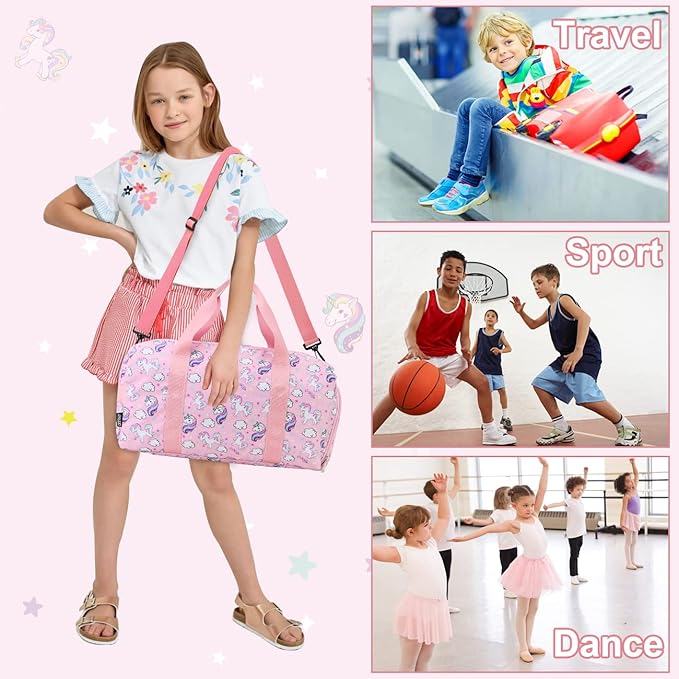 Duffle bag for Girls,RAVUO Water Resistant Travel Overnight Weekend Bag Carry On Bag for Gym Sport Dance with Shoe Compartment and Wet Pocket Unicorn
