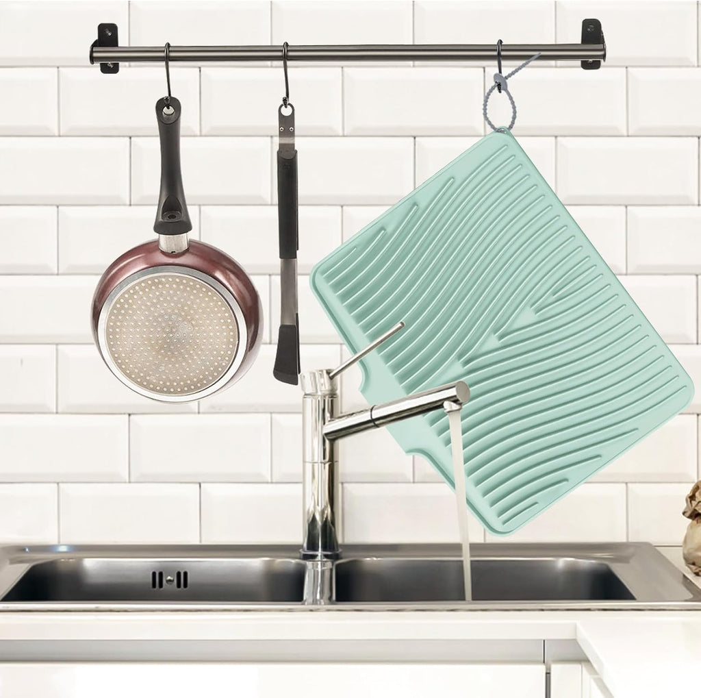 Silicone Dish Drying Mat, Stone Drying Mat for Kitchen Counter with Built-In Drain, Non-Slip Drain Pad with Built-in Drain, Heat Resistant Stone Drying Mat, 1Pcs 19.7" x 17", Mint