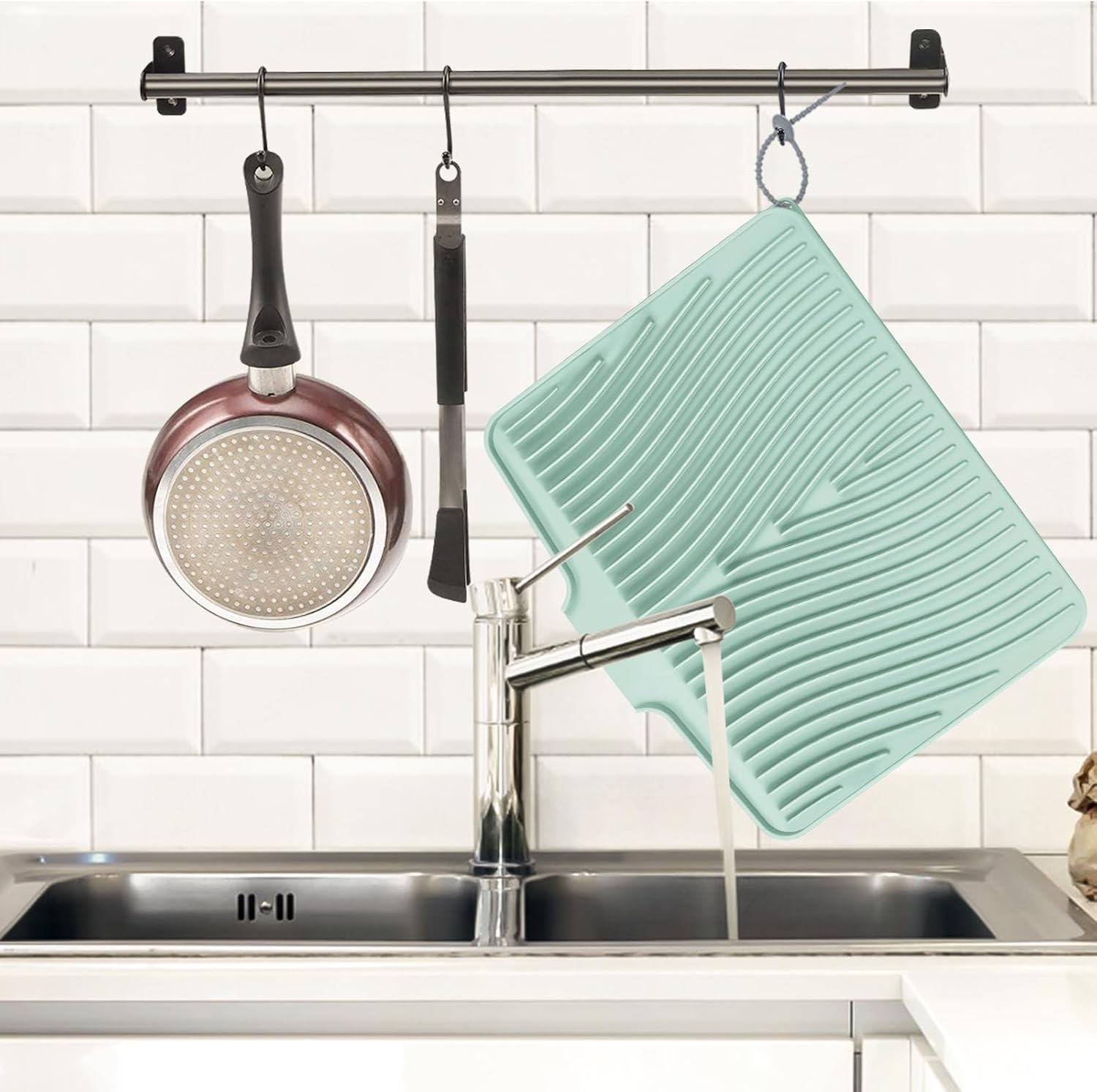 Silicone Dish Drying Mat, Stone Drying Mat for Kitchen Counter with Built-In Drain, Non-Slip Drain Pad with Built-in Drain, Heat Resistant Stone Drying Mat, 1Pcs 19.7" x 17", Mint