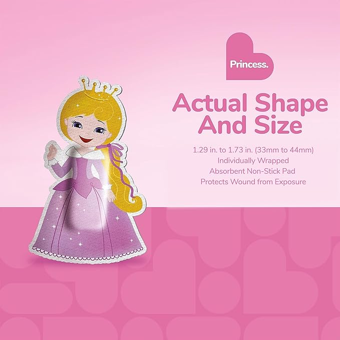 BioSwiss Bandages, Princess Shaped Self Adhesive Bandage, Latex Free Sterile Wound Care, Fun First Aid Kit Supplies for Kids, 50 Count