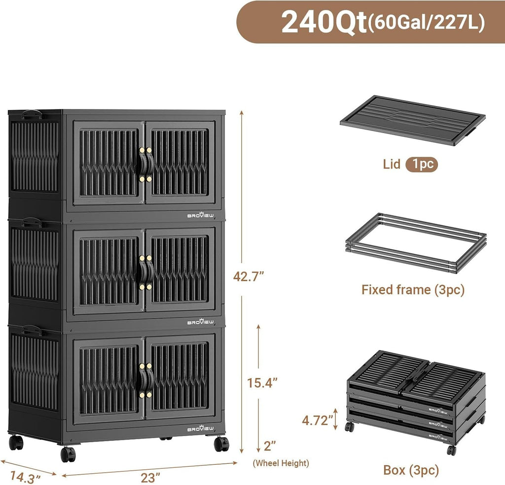 240Qt Stackable Storage Bins with Lid, Extra Large Closet Organizer Collapsible Drawer Boxes with Wheels, Folding Plastic Cabinet Containers for Home Kitchen Room Organization, 3Pack Black