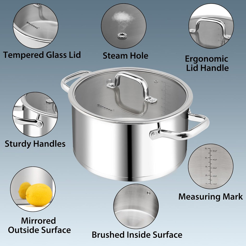 Rorence 6 Quart Stainless Steel Stockpot, Tri-Ply Base Large Pot for Cooking with Lid for Soup, Pasta, Vegetable, Induction Cooking Pot for All Stoves, Oven & Dishwasher Safe