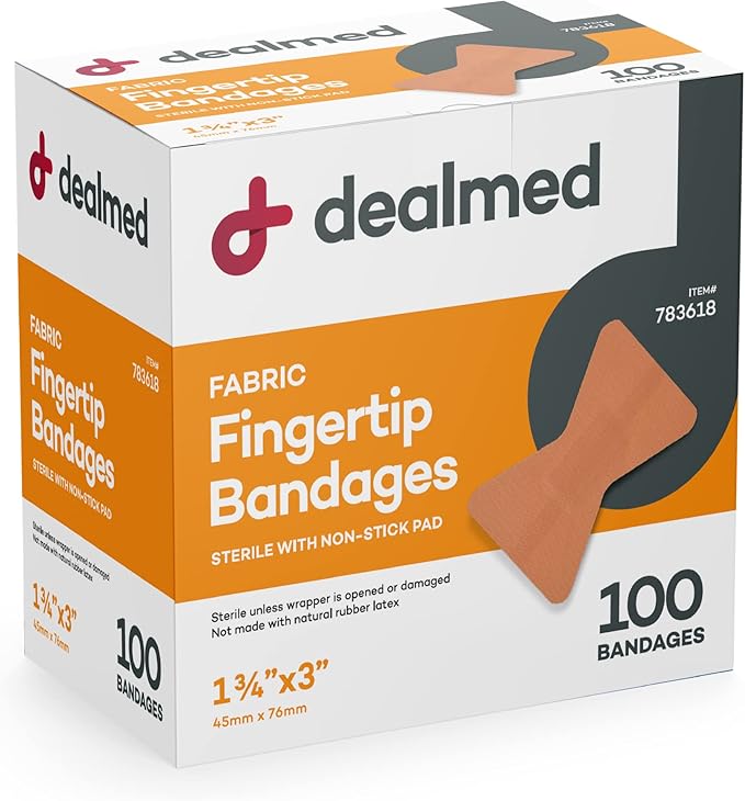Dealmed Fabric Fingertip Flexible Adhesive Bandages – 100 Count (1 Pack) Bandages with Non-Stick Pad, Latex Free, Wound Care for First Aid Kit, 1 3/4" x 3"