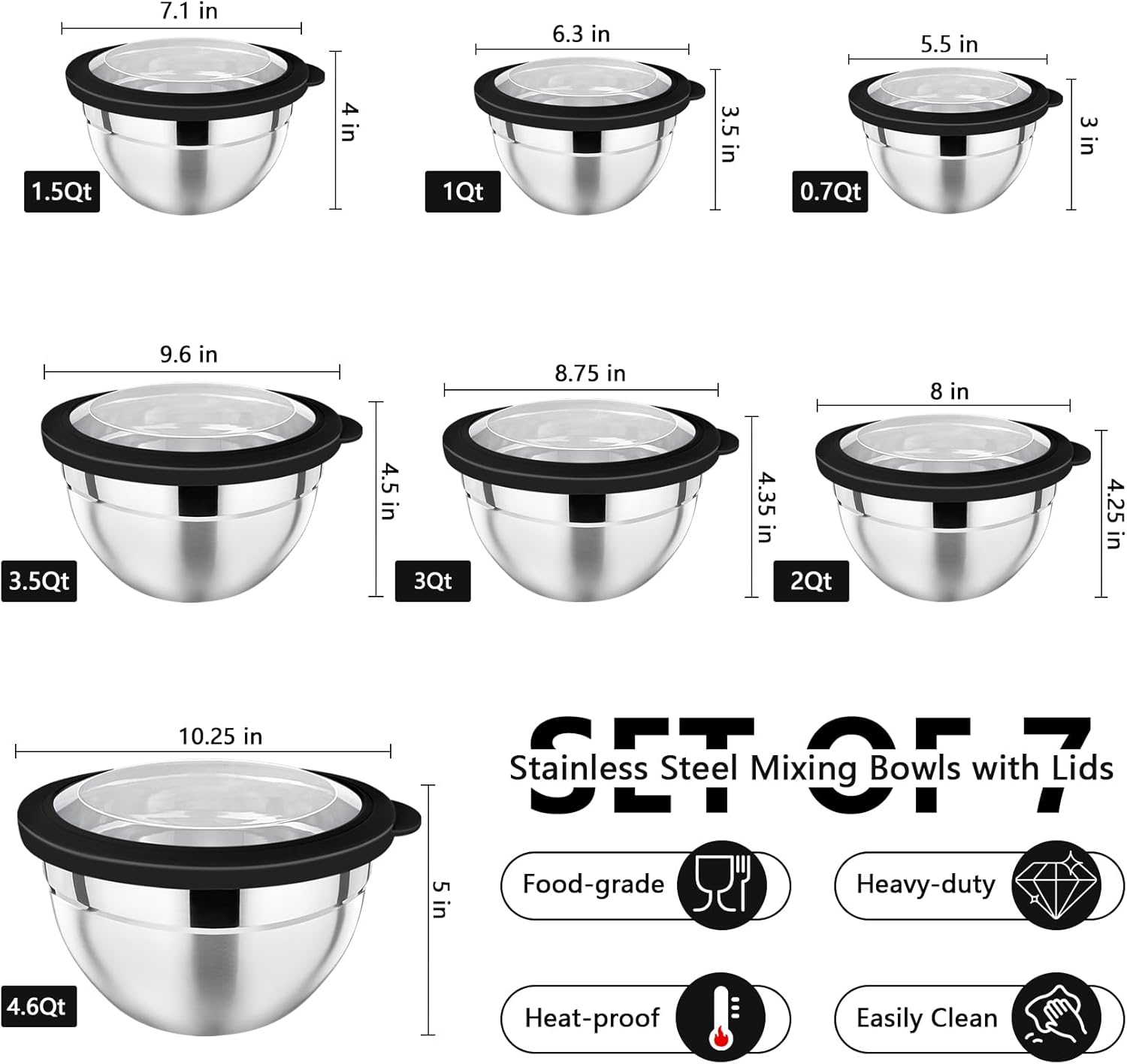 P&P CHEF Mixing Bowl with Lid Set of 7, Stainless Steel Nesting Salad Bowls for Cooking Serving Prepping, Clear Lids & Stackable Design, Size 4.6, 3.5, 3, 2, 1.5, 1, 0.7 Qt - Black