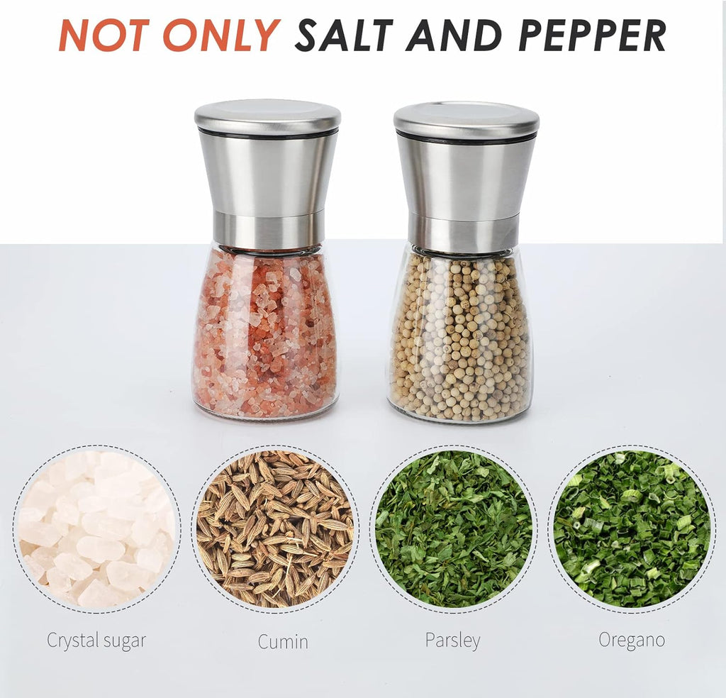 Salt and Pepper Grinder Set - Refillable Grinder Adjustable Coarseness of Pepper Salt Spice Stainless Steel Mills Glass 6oz（2 Pack）