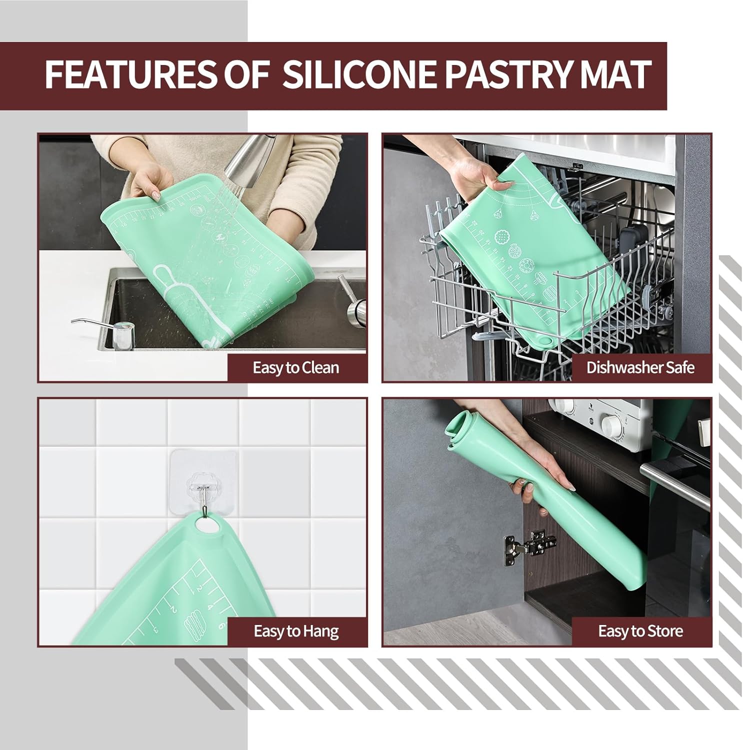 Silicone Baking Mat 20"L x 28"W, Extra Thick Dough Rolling Pad with Measurements and Edge Heightening, Non-stick Food Grade Silicone Pastry Mat for Pastry, Bread, Cookies