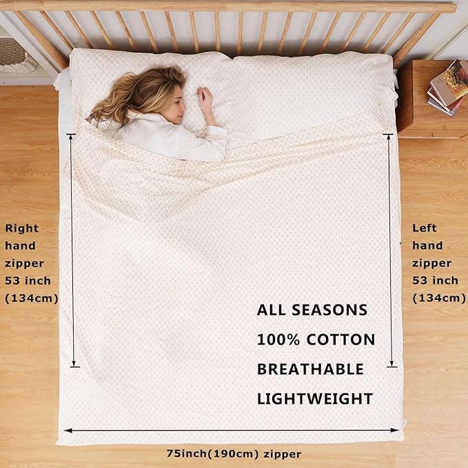 100% Cotton Sleeping Bag Liner with Full Length Zipper on 3 Sides; Single/Double Adult Sleep Sack for Travel & Camping, Multifunctional Travel Sheets (Unzipped 87”x87”) for Hotel, Lightweight